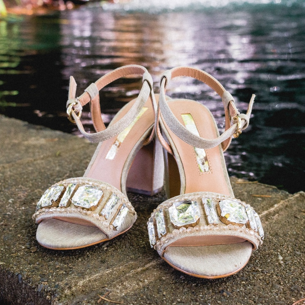 Audrey Brooke Gold Chunky Embellished Studded Block Heel